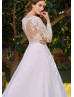 Beaded Ivory Lace Satin Sheer Back Modern Wedding Dress